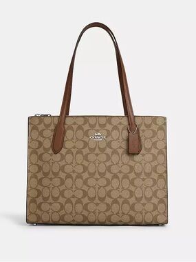 Coach Tan Signature Canvas Tote with Brown Leather Trim